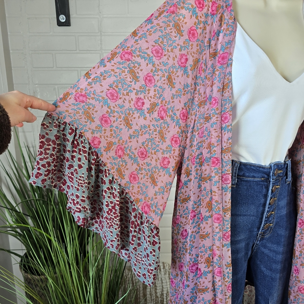 Umgee Pink and Blue Floral Animal Print Duster Kimono Large - Picture 6 of 9